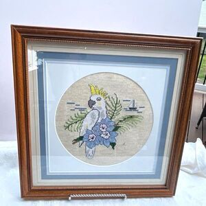 Stunning vintage framed Needlepoint Cockatoo Bird Grandmacore Must see piece